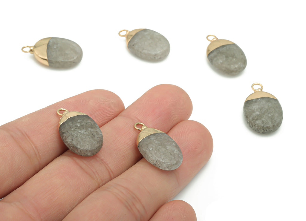 Gray Labradorite Oval Earring Charms - Brass Oval Pendant - Iron Loop - Natural Stone - Gold Tone Plated Brass – 22.74x13.24x5.4mm – NS1563D - DOMEDBAZAAR