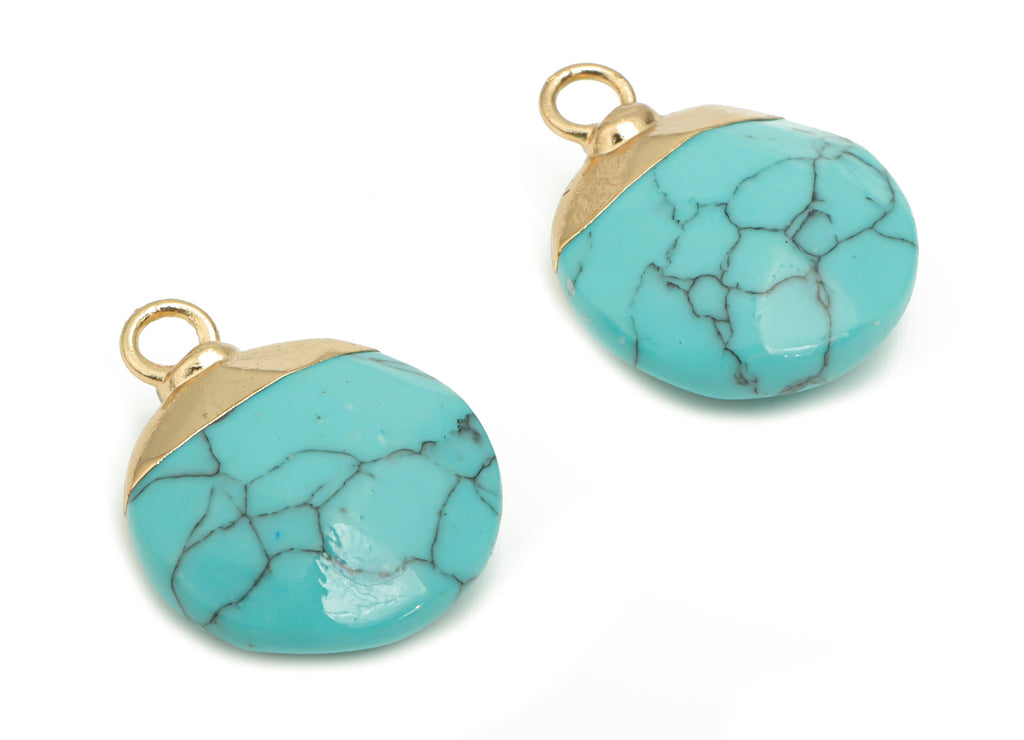 Blue Turquoise Earring Charms - Brass Round Pendant - Iron Loop - Natural Stone - Gold Tone Plated Brass – 19.45x15.28x6.44mm – NS1570F - DOMEDBAZAAR