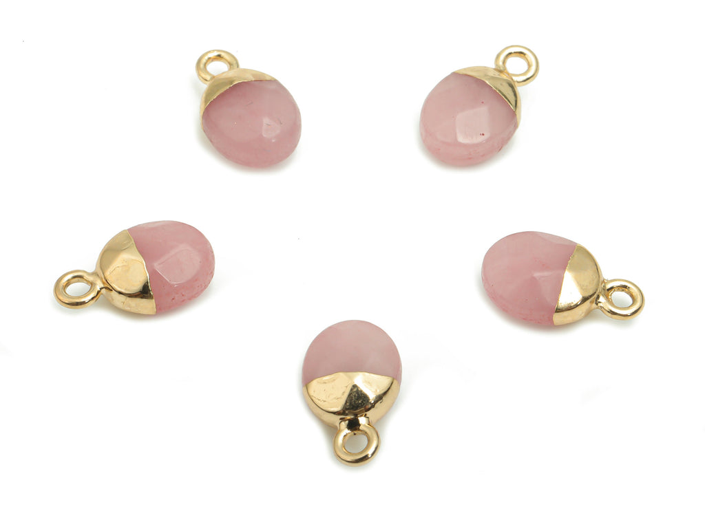 Rose Quartz Mini Round Earring Charms - Brass Circle Pendant - Iron Loop - Natural Stone - Gold Tone Plated Brass – 13.5x8.1x5.3mm – NS1577A - DOMEDBAZAAR