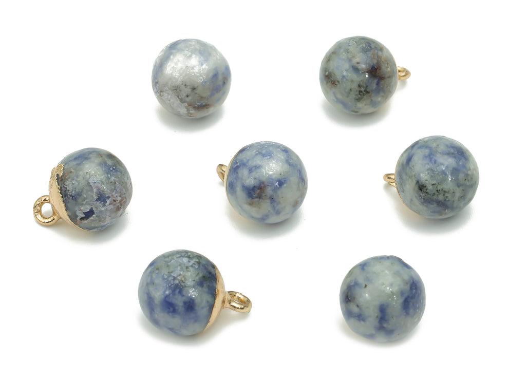 Blue Spot Jasper Ball Beads Charms - Brass Ball Beads Pendant - Iron Loop - Natural Stone - Gold Tone Plated Brass – 14.58x11x11mm – NS1578A - DOMEDBAZAAR