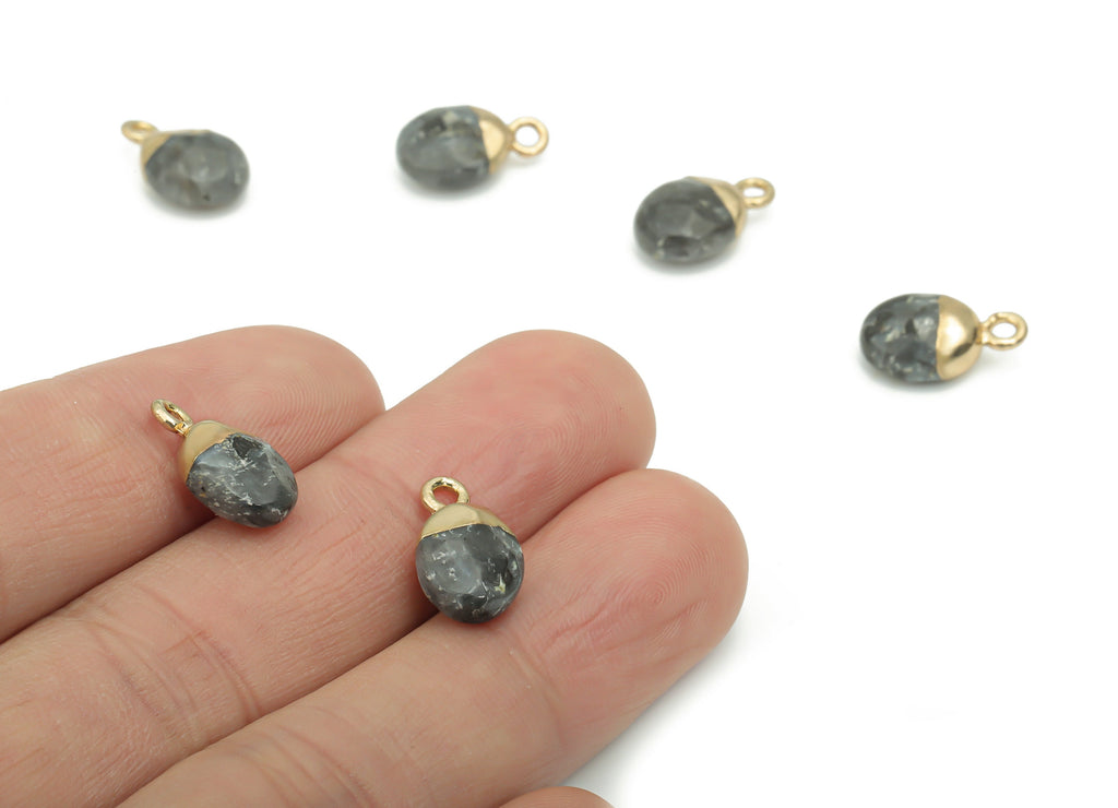 Gray Labradorite Mini Round Charms - Brass Circle Pendant - Iron Loop - Natural Stone - Gold Tone Plated Brass – 13.52x8.07x5.3mm – NS1577L - DOMEDBAZAAR