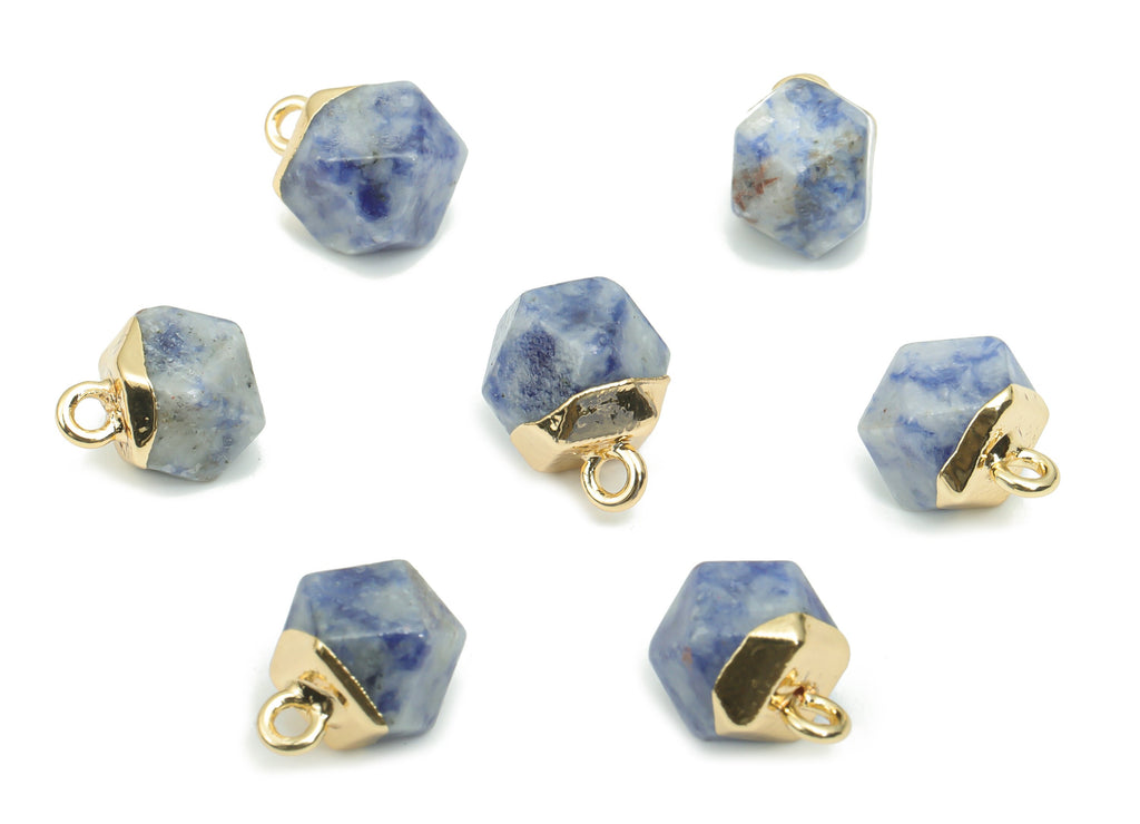 Blue Spot Jasper Hexagon Charms - Brass Hexagon Pendant - Iron Loop - Natural Stone - Gold Tone Plated Brass – 12.57x8.5x8.2mm – NS1580C - DOMEDBAZAAR