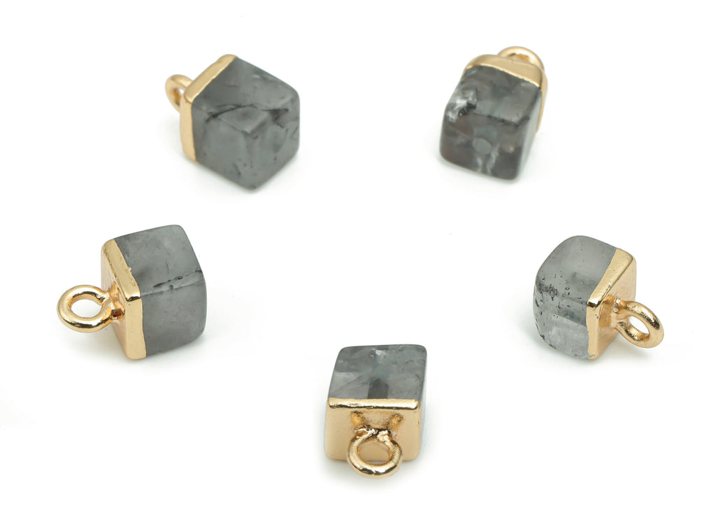 Labradorite Square Earring Charms - Brass Square Pendant - Iron Loop - Natural Stone - Gold Tone Plated Brass – 10.38x6.19x6.19mm – NS1564A - DOMEDBAZAAR