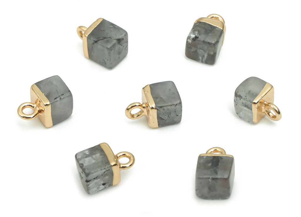 Labradorite Square Earring Charms - Brass Square Pendant - Iron Loop - Natural Stone - Gold Tone Plated Brass – 10.38x6.19x6.19mm – NS1564A - DOMEDBAZAAR