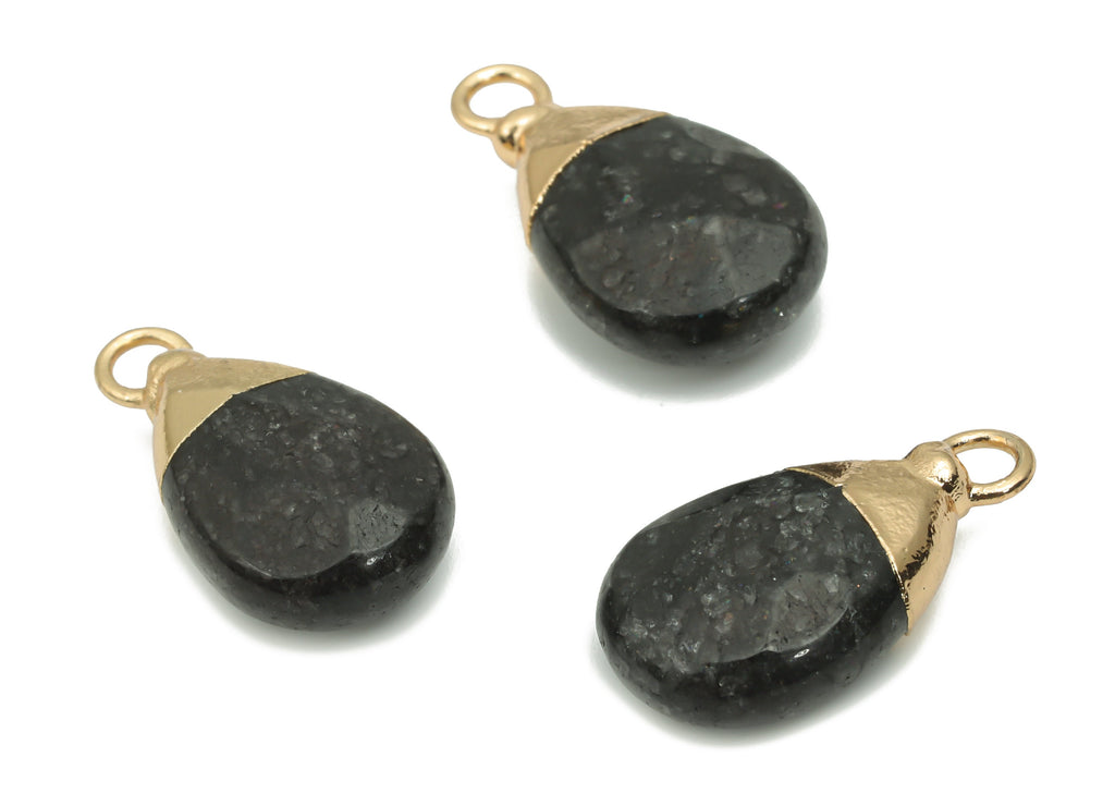 Black Tourmaline Drop Earring Charms - Brass Drop Pendant - Iron Loop - Faceted Stone - Gold Tone Plated Brass – 18.55x10.3x5.3mm – NS1569C - DOMEDBAZAAR