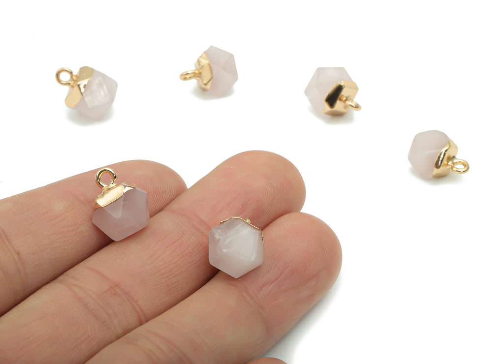 Rose Crystal Quartz Hexagon Charms - Brass Hexagon Pendant - Iron Loop - Natural Stone - Gold Tone Plated Brass – 12.57x8.45x8.2mm – NS1580E - DOMEDBAZAAR