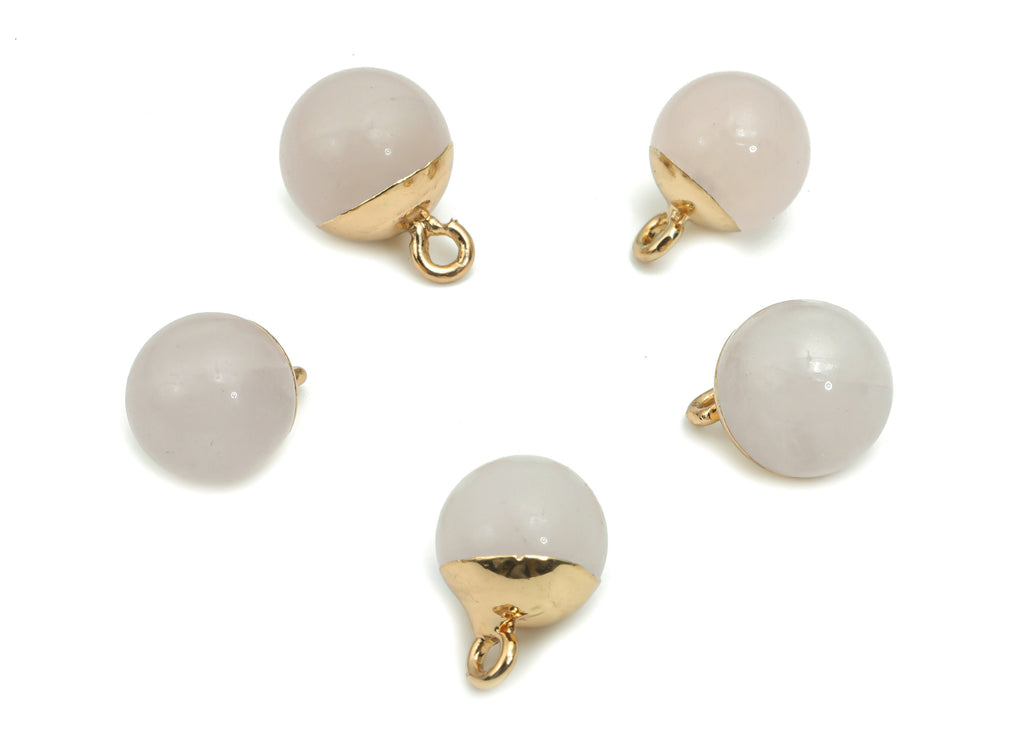 Rose Crystal Quartz Ball Beads Charms - Brass Beads Pendant - Iron Loop - Natural Stone - Gold Tone Plated Brass – 14.58x10.8x10.8mm–NS1578C - DOMEDBAZAAR