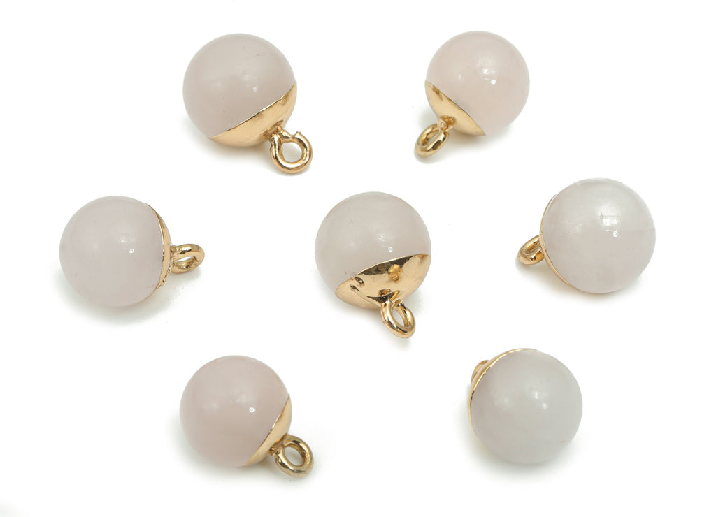 Rose Crystal Quartz Ball Beads Charms - Brass Beads Pendant - Iron Loop - Natural Stone - Gold Tone Plated Brass – 14.58x10.8x10.8mm–NS1578C - DOMEDBAZAAR