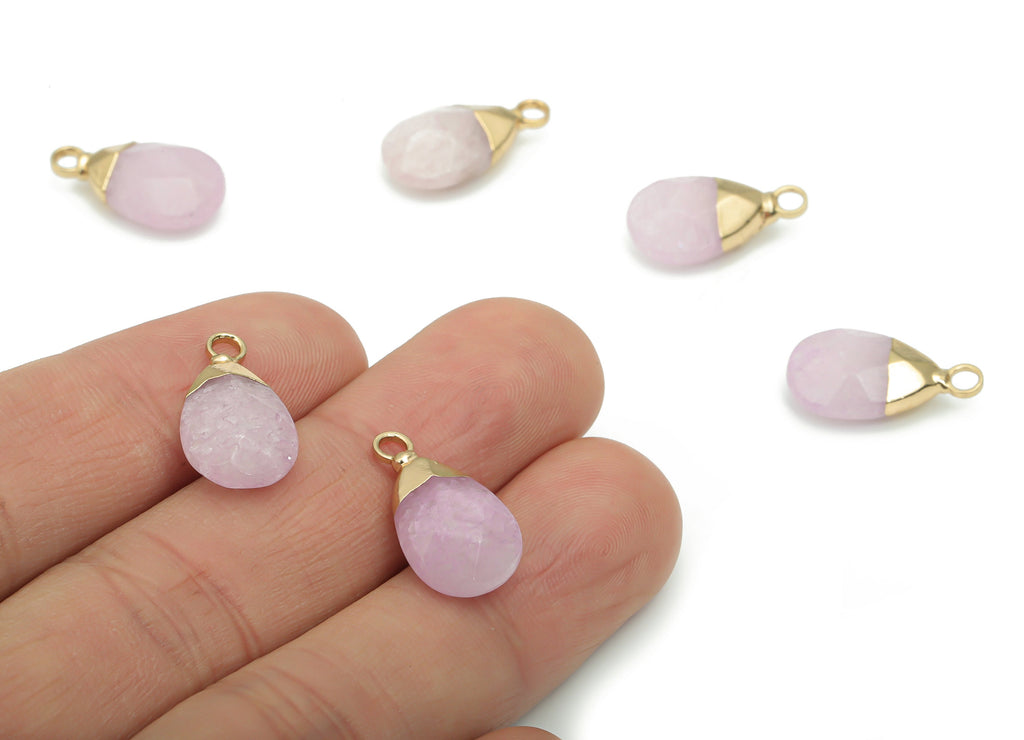 Rose Quartz Drop Earring Charms - Brass Drop Pendant - Iron Loop - Faceted Stone - Gold Tone Plated Brass – 18.09x10.33x5.91mm – NS1569F - DOMEDBAZAAR