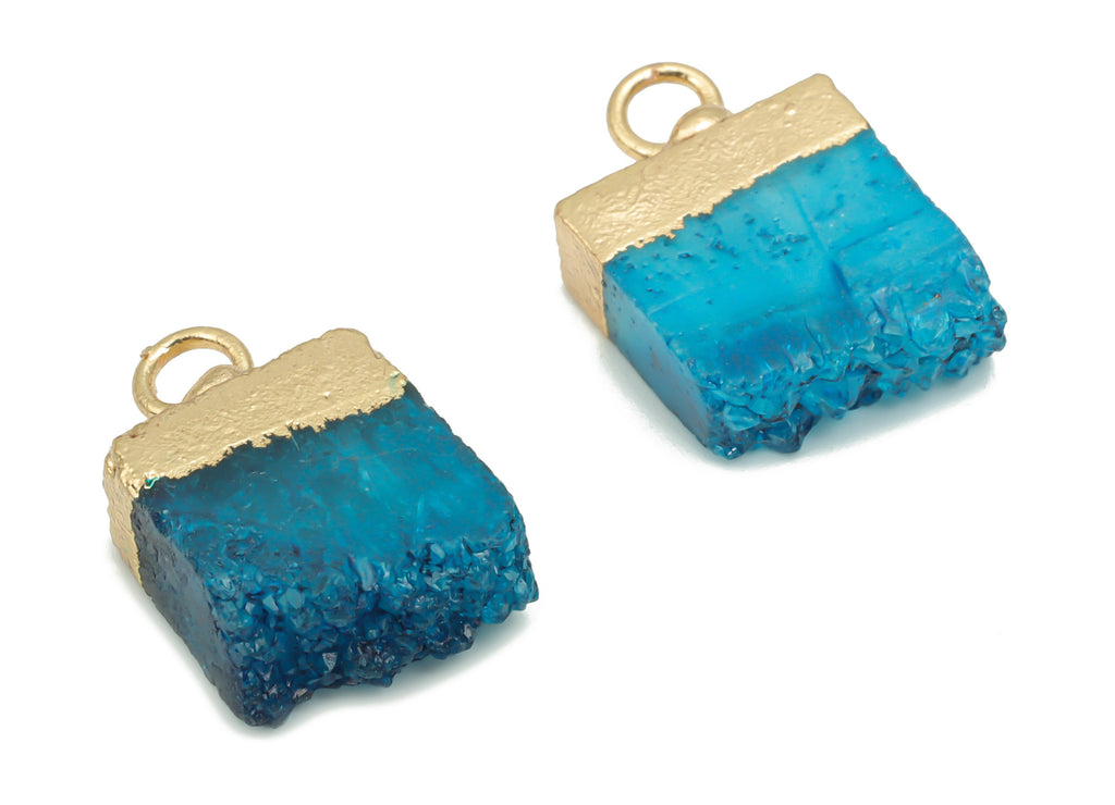Dyed Quartz Crystal Earring Charms - Brass Square Pendant - Iron Loop - Druzy Charm - Gold Tone Plated Brass – 15.89x11.01x4.24mm– NS1573A - DOMEDBAZAAR
