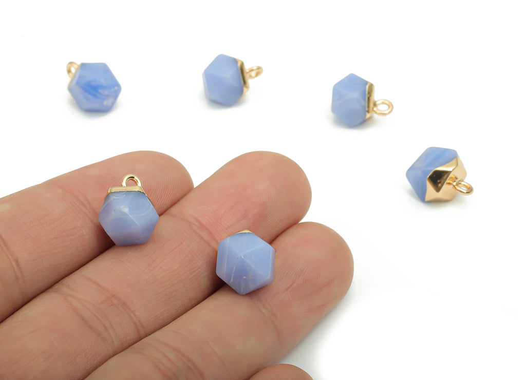 Blue Agate Hexagon Charms - Brass Hexagon Pendant - Iron Loop - Natural Stone - Gold Tone Plated Brass – 12.57x8.45x8.2mm – NS1580H - DOMEDBAZAAR
