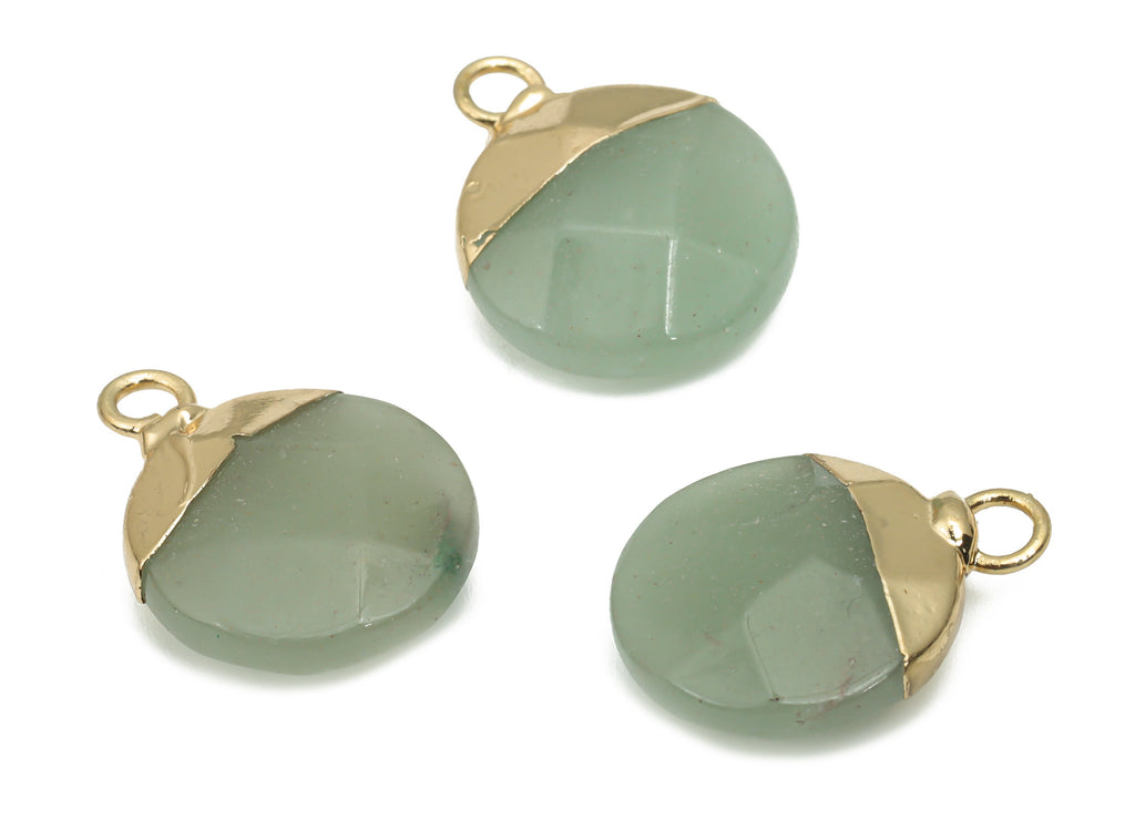 Aventurine Round Charms - Brass Circle Pendant - Iron Loop - Faceted Natural Stone - Gold Tone Plated Brass – 18.96x14.8x5.69mm – NS1570D - DOMEDBAZAAR