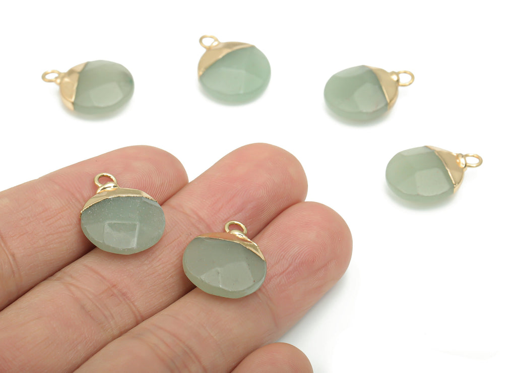 Aventurine Round Charms - Brass Circle Pendant - Iron Loop - Faceted Natural Stone - Gold Tone Plated Brass – 18.96x14.8x5.69mm – NS1570D - DOMEDBAZAAR