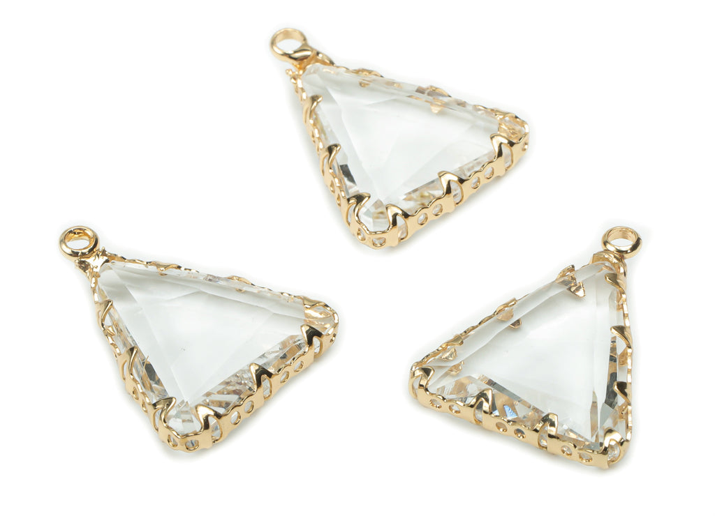 Glass Triangle Earring Charms - Brass Triangle Frame Pendant - Gold Tone Plated Brass - Faceted Glass - 20.03x16.33x4.5mm - GS1082 - DOMEDBAZAAR