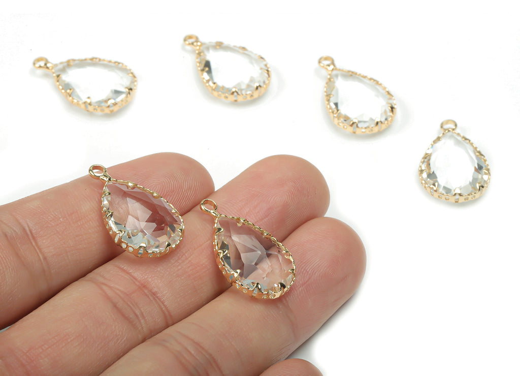 Glass Drop Earring Charms - Brass Drop Frame Pendant - Gold Tone Plated Brass - Faceted Glass - Jewelry Supplies - 23.42x13.9x5.95mm -GS1084 - DOMEDBAZAAR