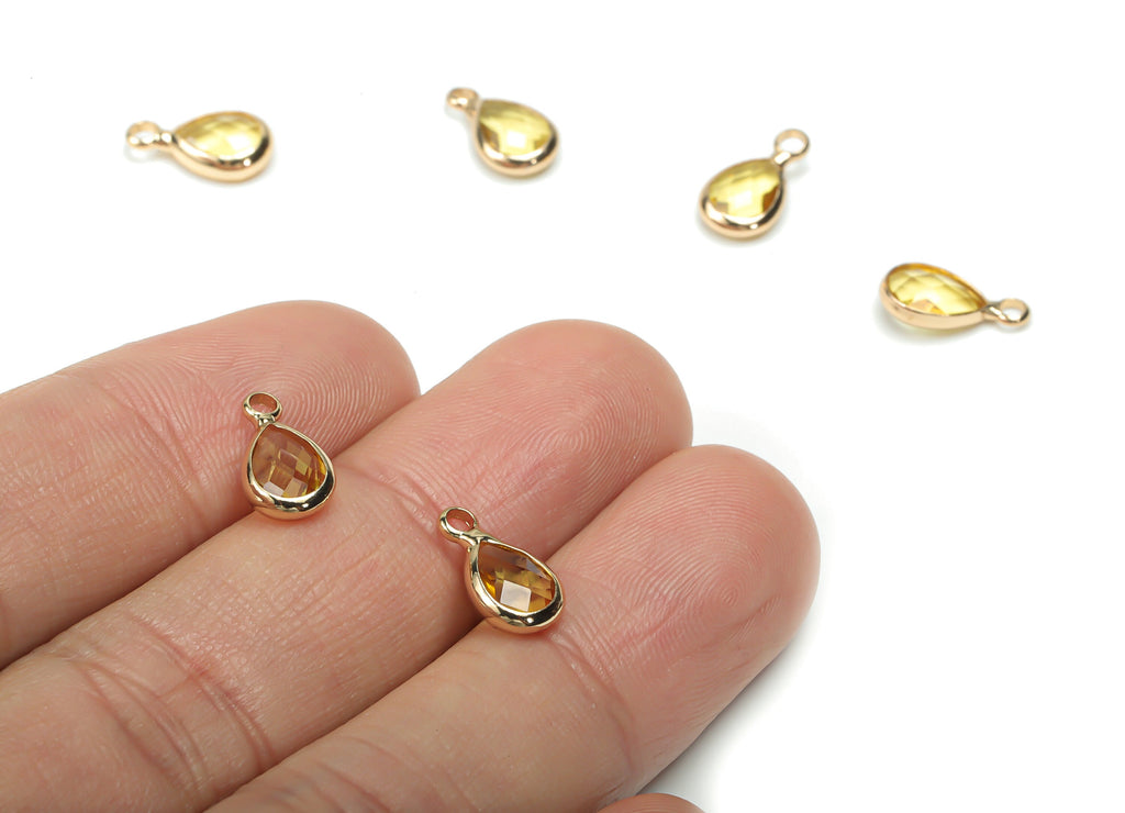 Glass Mini Drop Earring Charms - Brass Teardrop Frame Pendant - Gold Tone Plated Brass - Faceted Glass - 11.42x6.55x3.01mm - GS1068A - DOMEDBAZAAR