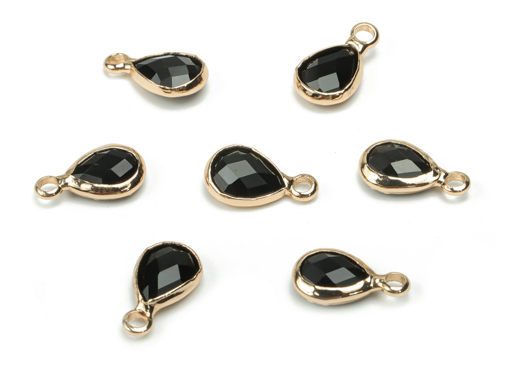 Glass Mini Drop Earring Charms - Brass Teardrop Frame Pendant - Gold Tone Plated Brass - Faceted Glass - 11.83x6.62x3.4mm - GS1068B - DOMEDBAZAAR