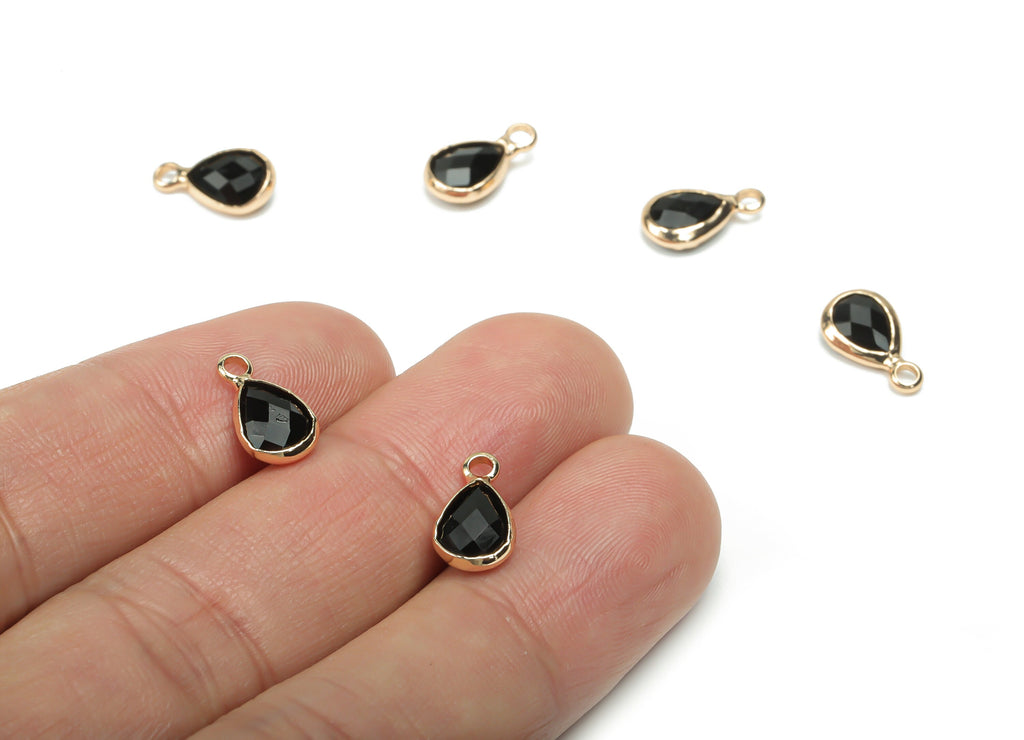 Glass Mini Drop Earring Charms - Brass Teardrop Frame Pendant - Gold Tone Plated Brass - Faceted Glass - 11.83x6.62x3.4mm - GS1068B - DOMEDBAZAAR
