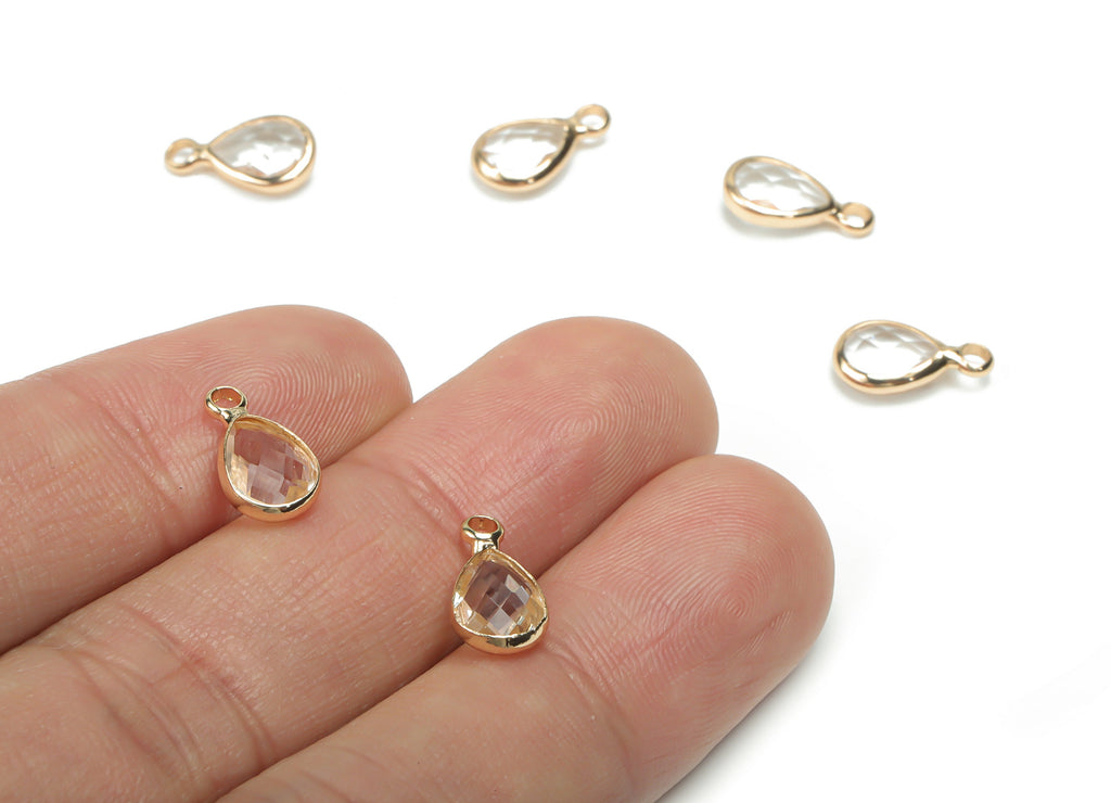Glass Mini Drop Earring Charms - Brass Teardrop Frame Pendant - Gold Tone Plated Brass - Faceted Glass - 11.72x6.67x3.18mm - GS1068C - DOMEDBAZAAR