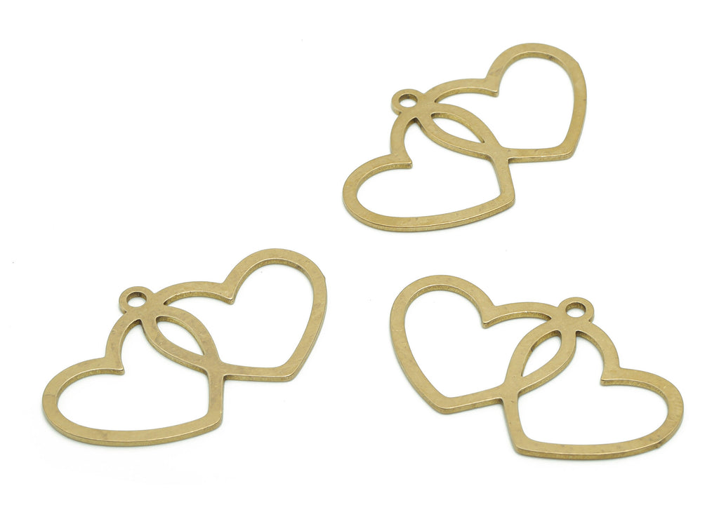 Brass Double Heart Earring Charms - Raw Brass Double Heart Pendant - Jewelry Making Supplies - 34.8x21.3x0.76mm - PPA0552 - DOMEDBAZAAR