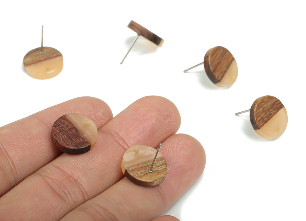 Natural Wooden Round Earring Stud - Resin Circle Post - 316 Surgical Stainless Steel Stud - Jewelry Supplies - 14.06x14.06x2.73mm - BB1135E - DOMEDBAZAAR
