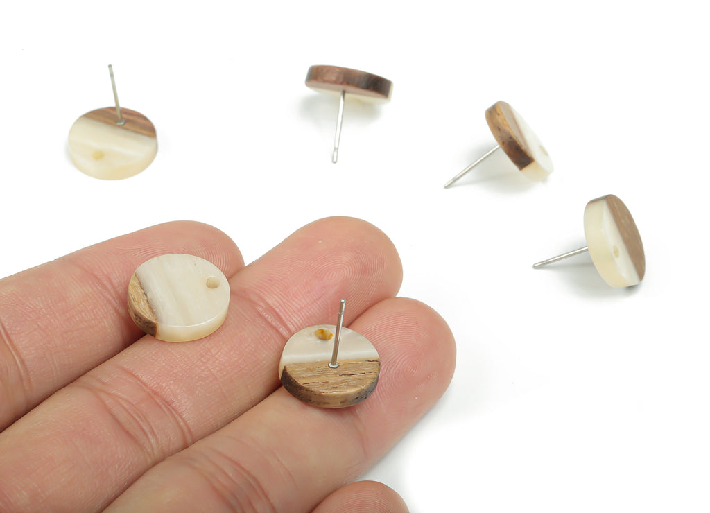 Natural Wooden Round Earring Stud - Resin Circle Post - 316 Surgical Stainless Steel Stud - Jewelry Supplies - 14.06x14.06x2.73mm - BB1135C - DOMEDBAZAAR