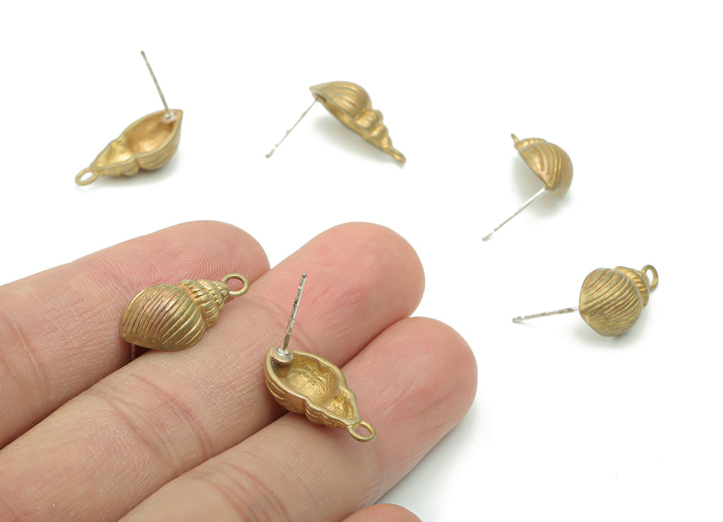 Brass Whelk Seashell Earring Stud - Raw Brass Conch Earring Post - Silver Plated Brass Stud - Jewelry Supplies - 19.46x9.97x1.56mm - PP5114 - DOMEDBAZAAR