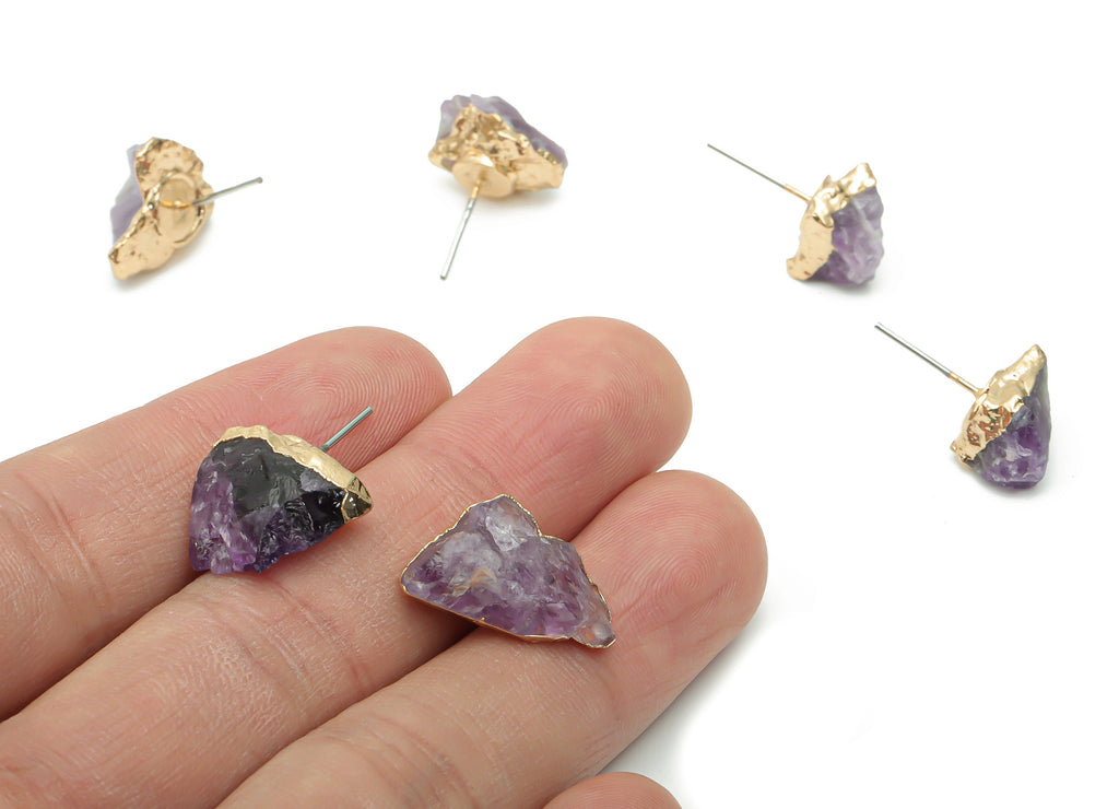 Amethyst Natural Stone Earring Stud - Brass Stone Earring Post - Gold Tone Plated Brass – Stainless Steel Stud - 17.38x11.43x7.9mm – NS1596B - DOMEDBAZAAR