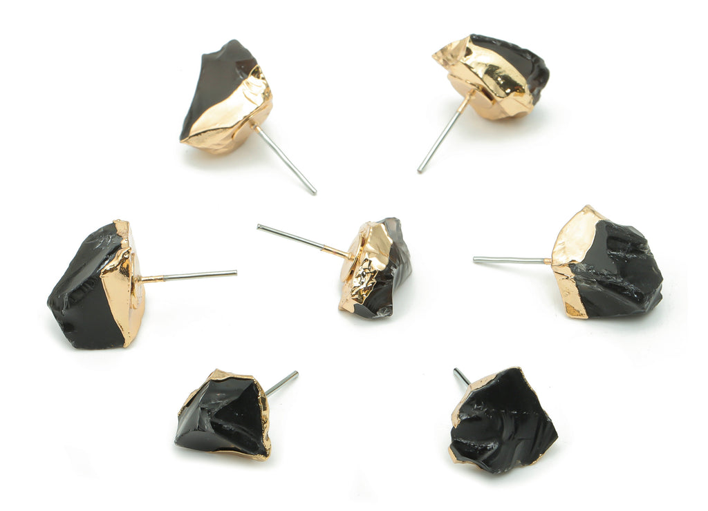 Black Obsidian Natural Stone Stud - Brass Stone Earring Post - Gold Tone Plated Brass – Stainless Steel Stud - 15.48x10.52x6.98mm – NS1596D - DOMEDBAZAAR