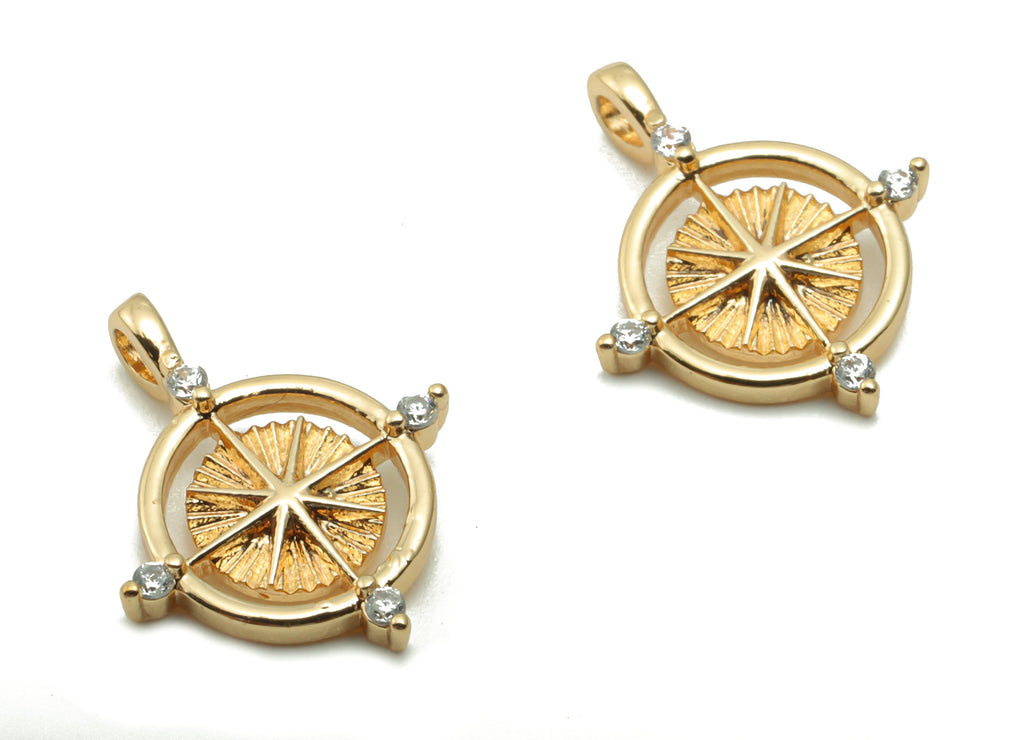 Brass Round Earring Charms With Zircons - Gold Compass Pendant - 18K Real Gold Plated Brass - 15.73x12.58x1.86mm - RGP4193 - DOMEDBAZAAR