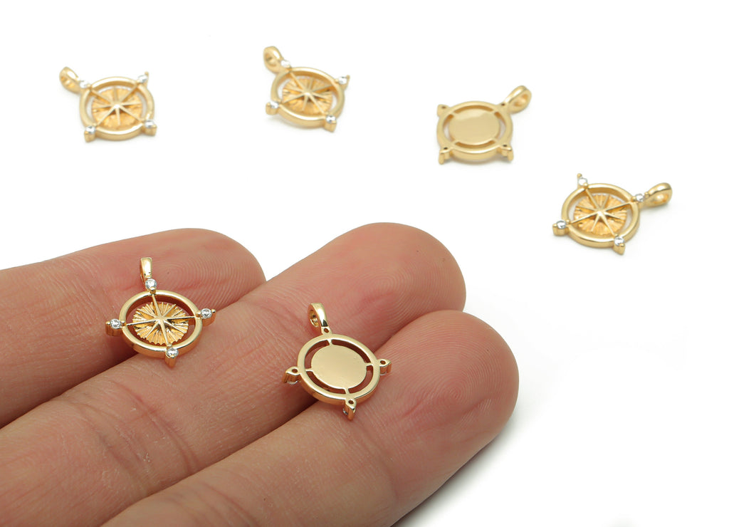 Brass Round Earring Charms With Zircons - Gold Compass Pendant - 18K Real Gold Plated Brass - 15.73x12.58x1.86mm - RGP4193 - DOMEDBAZAAR