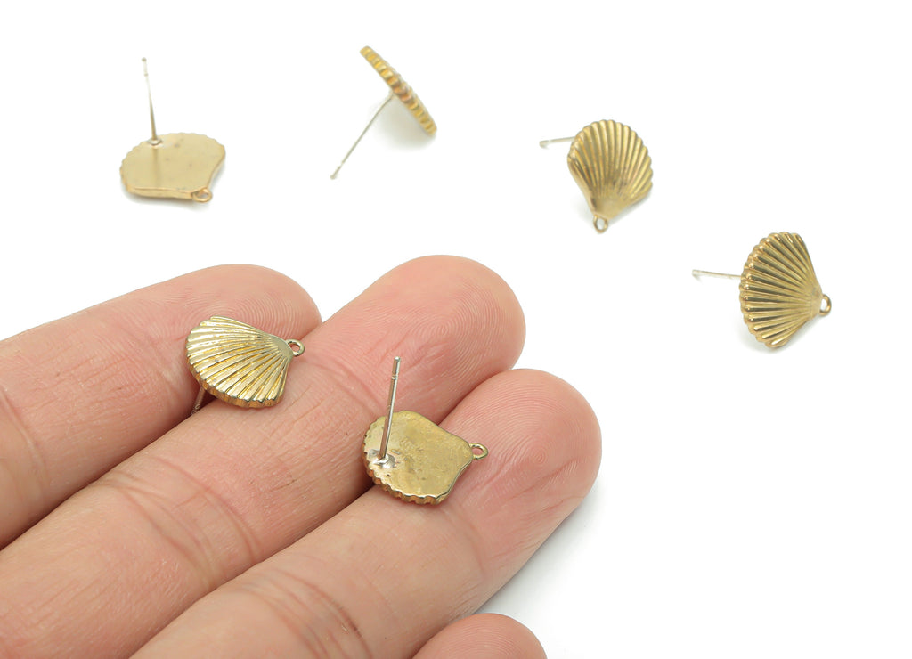 Brass Shell Earring Stud With Loop - Raw Brass Shell Earring Post - Silver Plated Brass Stud - Jewelry Supplies - 13.08x12.94x2.1mm - PP5109 - DOMEDBAZAAR