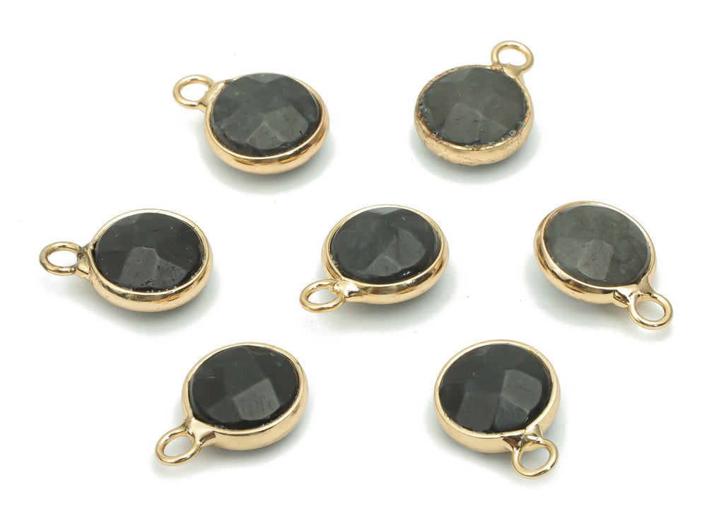 Black Rough Stone Round Charms - Brass Circle Pendant - Natural Stone - Gold Tone Plated Brass – Faceted Stone - 15.78x11.7x5.9mm–NS1597A - DOMEDBAZAAR