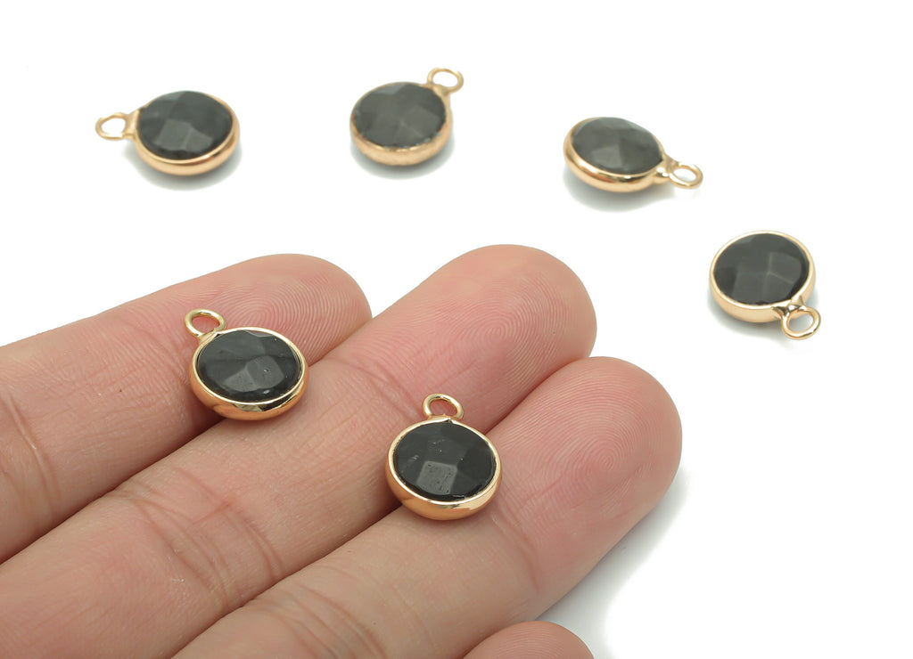 Black Rough Stone Round Charms - Brass Circle Pendant - Natural Stone - Gold Tone Plated Brass – Faceted Stone - 15.78x11.7x5.9mm–NS1597A - DOMEDBAZAAR