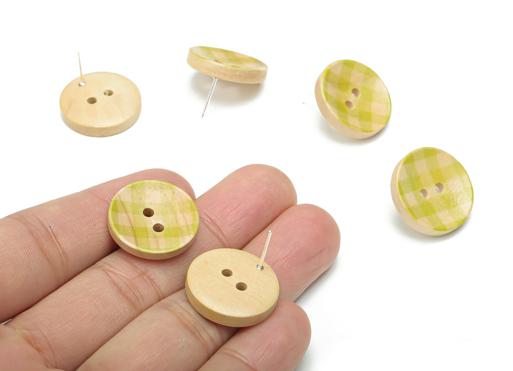 Guger Tree Wood Buttons Earring Stud - Guger Tree Wood Round Button Earring Post - Silver Plated Brass Stud - 20.12x20.12x4.6mm - BB1153 - DOMEDBAZAAR