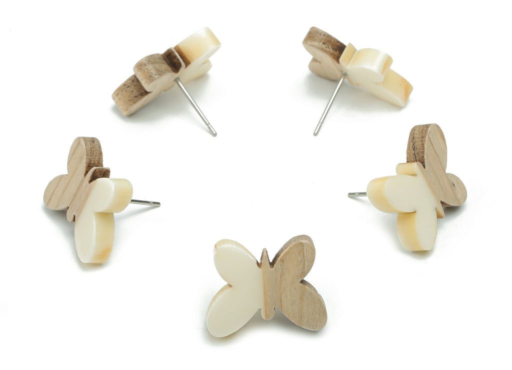 Natural Wood Butterfly Earring Stud - Resin Butterfly Post - 316 Surgical Stainless Steel - Jewelry Supplies - 17.87x13.77x3.78mm - BB1165B - DOMEDBAZAAR
