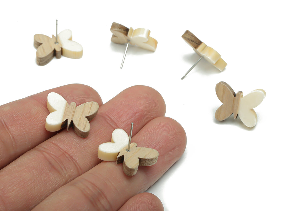 Natural Wood Butterfly Earring Stud - Resin Butterfly Post - 316 Surgical Stainless Steel - Jewelry Supplies - 17.87x13.77x3.78mm - BB1165B - DOMEDBAZAAR