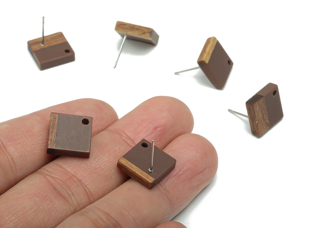 Natural Wood Square Earring Stud - Resin Square Post - 316 Surgical Stainless Steel - Jewelry Making Supplies - 11.96x11.88x3.52mm - BB1164B - DOMEDBAZAAR