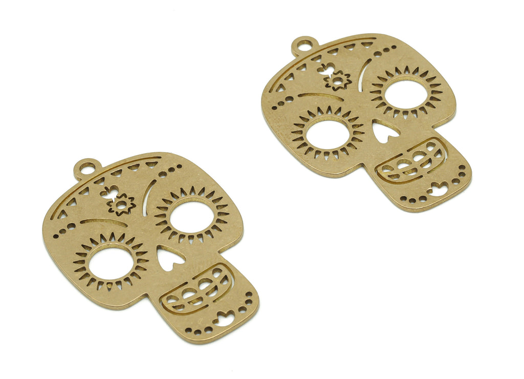 Brass Skull Flowers Sun Earring Charms - Raw Brass Skull Triangles Pendant - Jewelry Making Supplies - 35.74x24.46x0.75mm - PPZ0129 - DOMEDBAZAAR