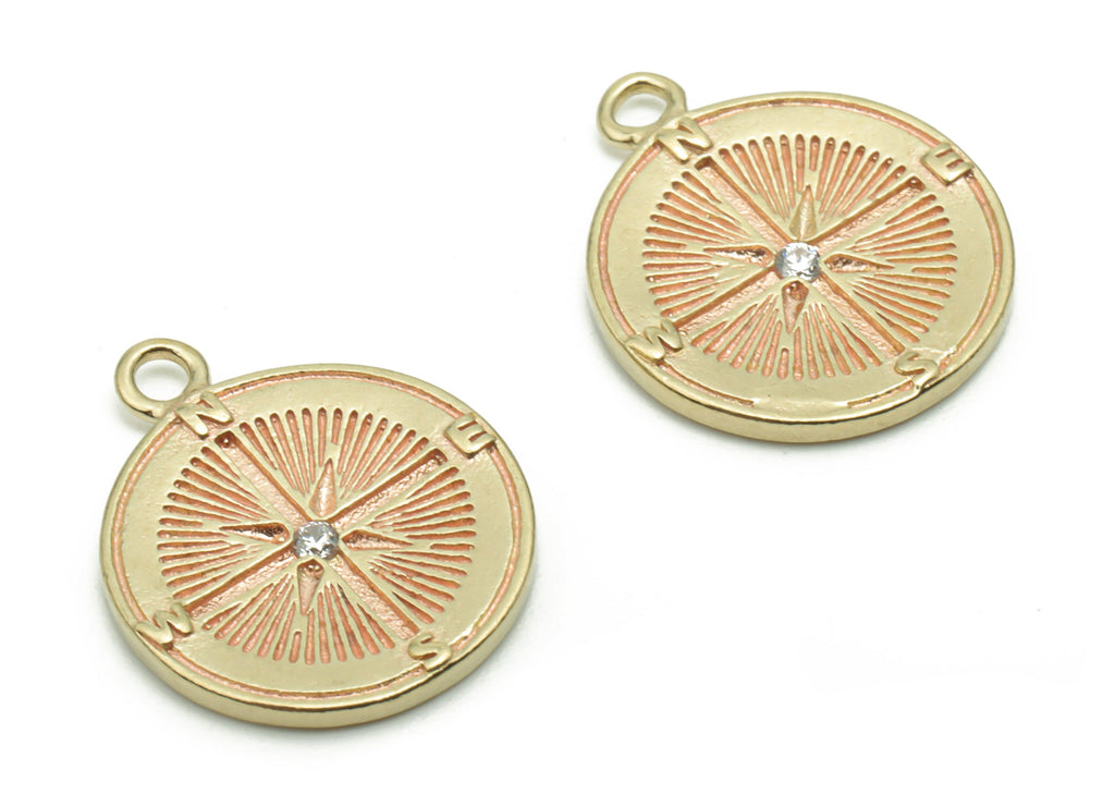 Brass Compass Earring Charms With Zircon - Raw Brass Round Planet Pendant - Jewelry Making Supplies - 16.75x13.6x1.48mm - PP5054 - DOMEDBAZAAR