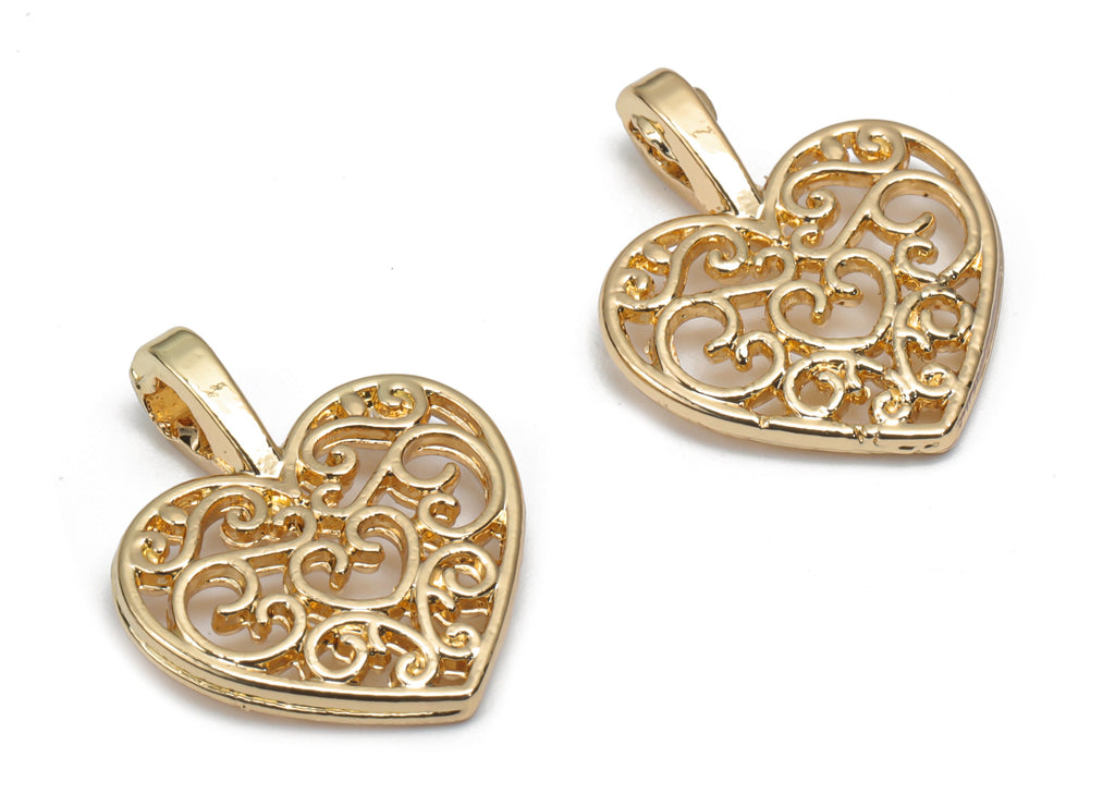 Zinc Alloy Pattern Heart Earring Charms - Alloy Heart Pendant - Gold Tone Plated Alloy - Jewelry Making Supplies - 17.66x14.4x1.8mm - ZZ1995 - DOMEDBAZAAR