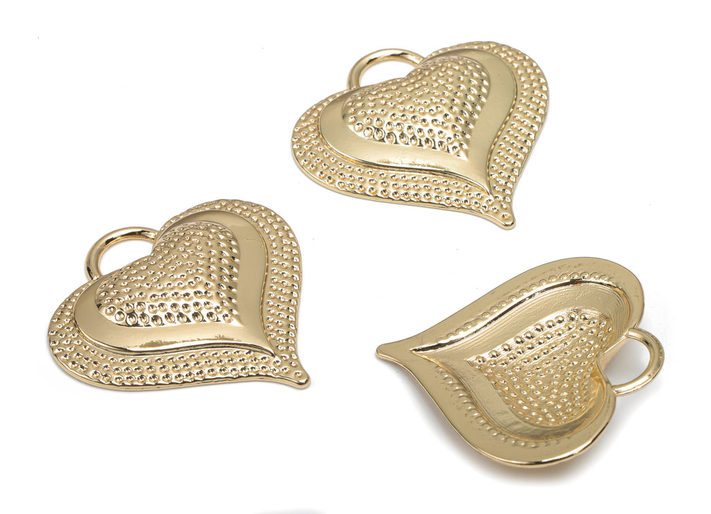 Zinc Alloy Hammered Heart Earring Charms - Alloy Heart Pendant - Gold Tone Plated Alloy - Jewelry Making Supplies - 34x33.83x2.68mm - ZZ1986 - DOMEDBAZAAR