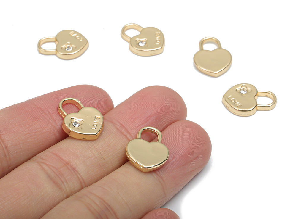 Zinc Alloy Heart Love Earring Charms - Glass Flower Lock Pendant - Gold Tone Plated Alloy - Jewelry Supplies - 16.97x12.54x2.64mm - ZZ2003 - DOMEDBAZAAR