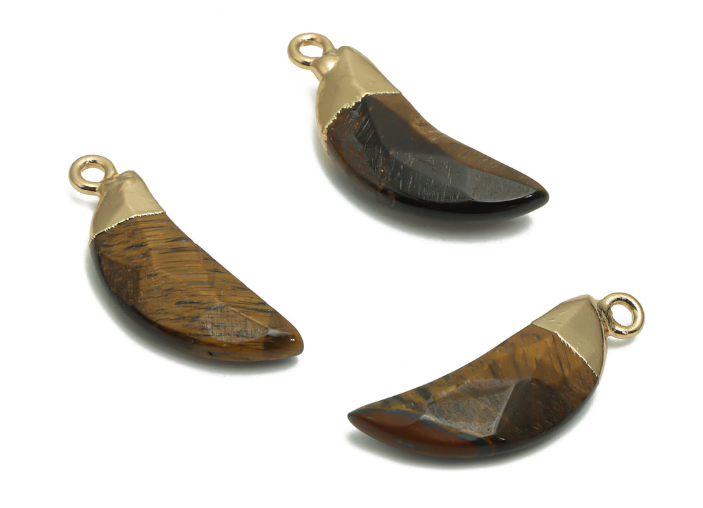 Tiger Stone Crescent Charms - Brass Moon Pendant - Natural Stone - Gold Tone Plated Brass – Jewelry Supplies - 26.71x9.58x4.71mm – NS1598B - DOMEDBAZAAR