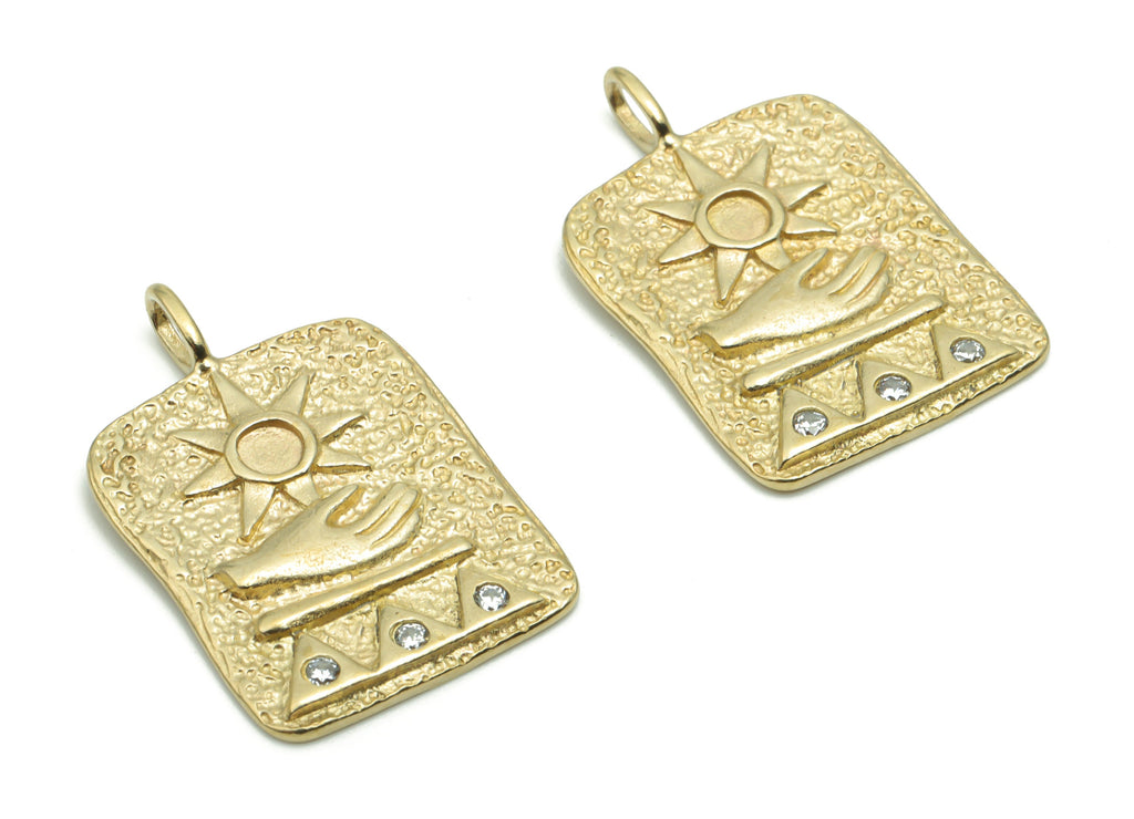 Brass Hammered Hold The Sun In Your Hand Charms With Zircons - Raw Brass Square Mountains Sun Hand Pendant - 26.29x17.48x1.5mm - PP5028 - DOMEDBAZAAR