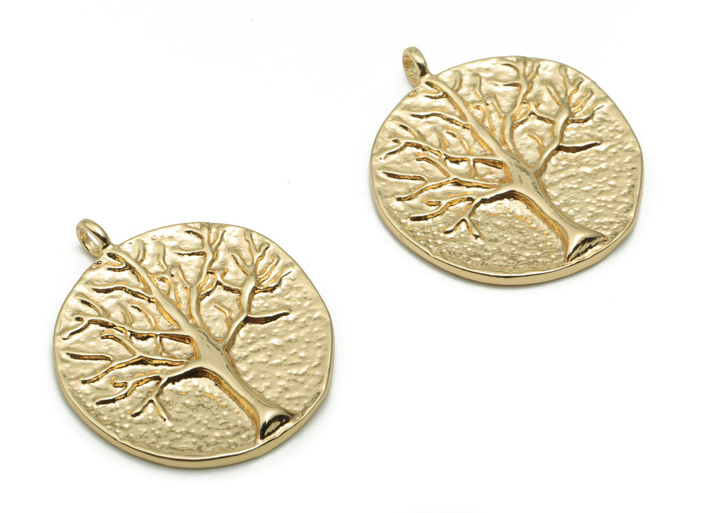 Brass Hammered Round Tree Root Earring Charms - Gold Circle Tree Root Pendant - 18K Real Gold Plated Brass - 22.28x18.89x1.6mm - RGP4246 - DOMEDBAZAAR