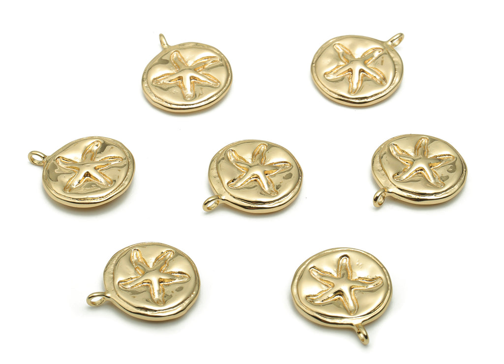 Brass Round Starfish Earring Charms - Gold Starfish Circle Pendant - 18K Real Gold Plated Brass - Jewelry Supplies - 16.9x14.5x3.3mm-RGP4244 - DOMEDBAZAAR