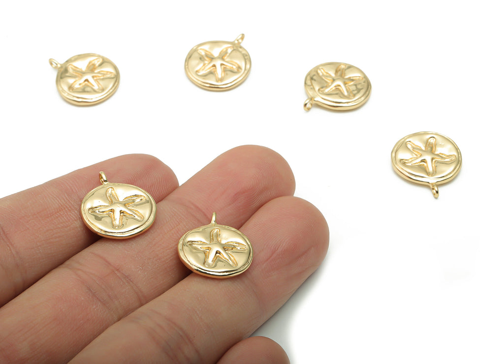 Brass Round Starfish Earring Charms - Gold Starfish Circle Pendant - 18K Real Gold Plated Brass - Jewelry Supplies - 16.9x14.5x3.3mm-RGP4244 - DOMEDBAZAAR