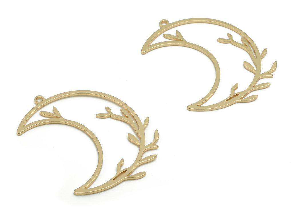 Brass Crescent Earring Charms - Gold Moon Branch Pendant - 18K Real Gold Plated Brass - Jewelry Supplies - 31.05x24.24x0.72mm - RGP4209 - DOMEDBAZAAR