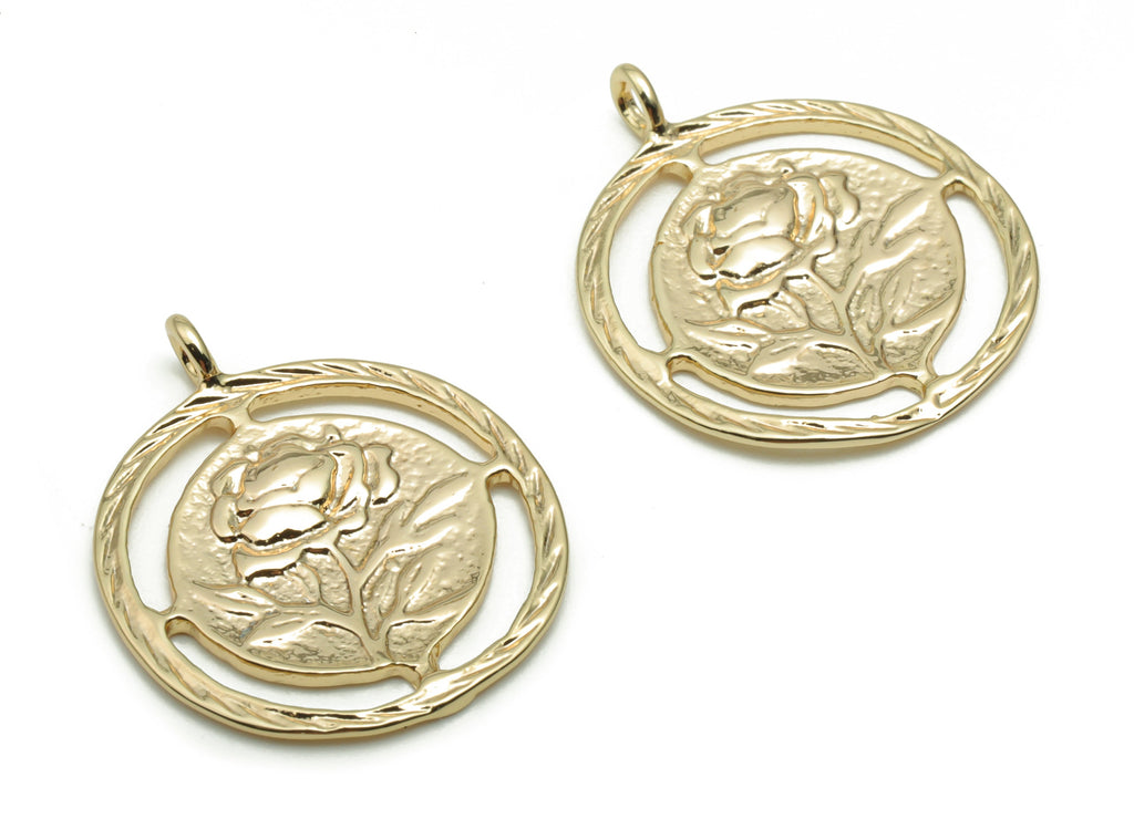 Brass Round Rose Flower Earring Charms - Gold Flower Circle Pendant - 18K Real Gold Plated Brass - 20.55x17.18x1.44mm - RGP4250 - DOMEDBAZAAR